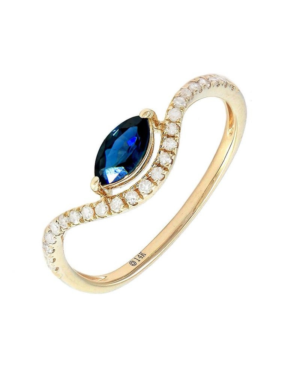 14K Real Yellow Gold Marquise Prong Sapphire & Diamond Ring 6.5"